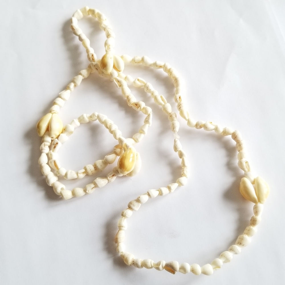 Seashell necklace sea shell lei long white yellow tan coastal surfer island girl